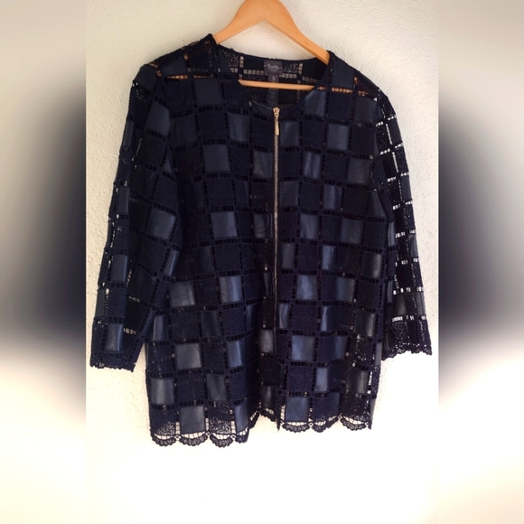 Chico's Travelers Navy Faux Leather Open Weave Jacket - Picture 2 of 5